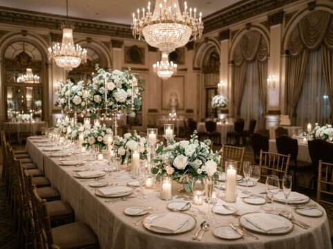 Elegant Wedding Reception Table Setting with White Flowers and Chandeliers.