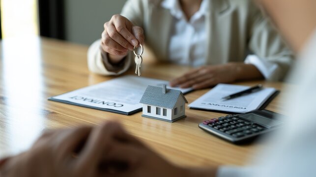 Real estate agent handing over house keys to a client after signing a contract at the office desk with a miniature house model and calculator