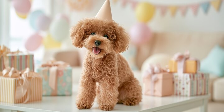 Cute brown poodle puppy with a party hat sitting on a table with birthday gifts and balloons in a bright and festive room