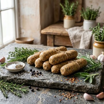 Freshly Prepared Sausages with Herbs and Spices on a Rustic Stone Slab.