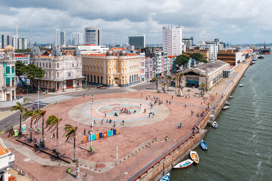 Aerial view of Marco Zero square and the old town waterfront, Recife, Pernambuco, Brazil