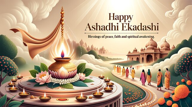 Happy ashadhi ekadashi celebration with temple and lamps