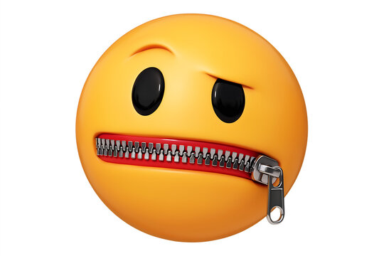 Zipper mouth emoji illustration, 3D yellow face with zipped lips, secret and silence concept icon isolated on white background