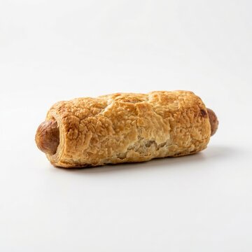 Golden brown sausage roll on a clean white background.