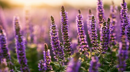 Fototapeta premium Stunning purple sage flowers in a field during golden hour, soft sunset light, vibrant floral meadow, beautiful summer nature background