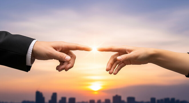 Two hands about to touch, isolated against a sunset, a minimalist concept of human connection, first contact, and partnership
