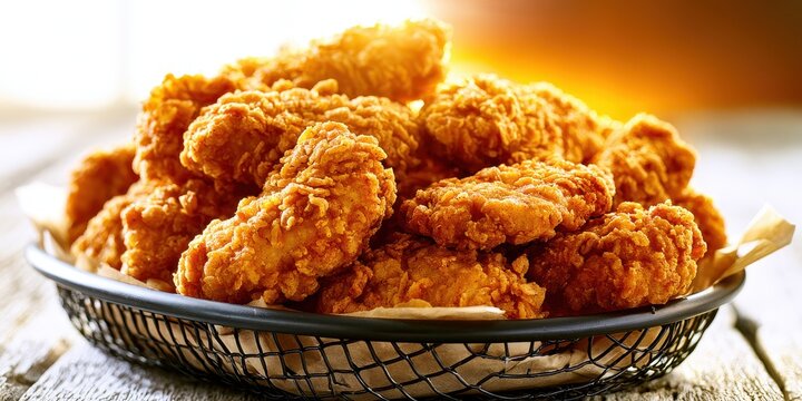 Closeup of crispy breaded chicken tenders in a wire basket on a wooden surface, warm sunlight background