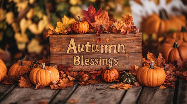 Rustic wooden sign displaying Autumn Blessings surrounded by pumpkins and fallen leaves.