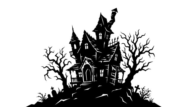 Spooky haunted house silhouette on a hill with dead trees for halloween