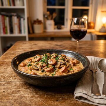 Hearty Sausage and Mushroom Stroganoff with Red Wine.