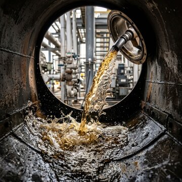 Industrial liquid flowing from pipe into dark drain, factory background.