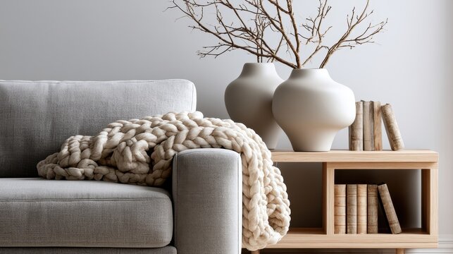 Elegant living room setup featuring a grey sofa, chunky knit blanket, and a wooden console table with vases and vintage books