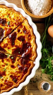 Homemade French Quiche Lorraine Sliced in Baking Dish with Flour Egg and Herbs Flat Lay