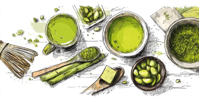 5.Concept = Hand drawn vector illustration with matcha tea theme. Sketch style banner with matcha elements