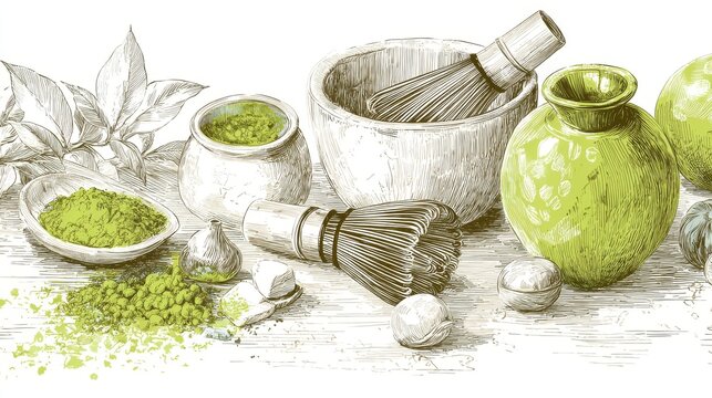5.Concept = Hand drawn vector illustration with matcha tea theme. Sketch style banner with matcha elements