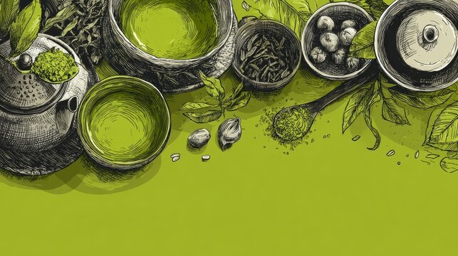 5.Concept = Hand drawn vector illustration with matcha tea theme. Sketch style banner with matcha elements