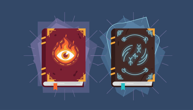 Two magical spellbooks with mystical covers featuring a burning eye and glowing runic symbols on dark blue.