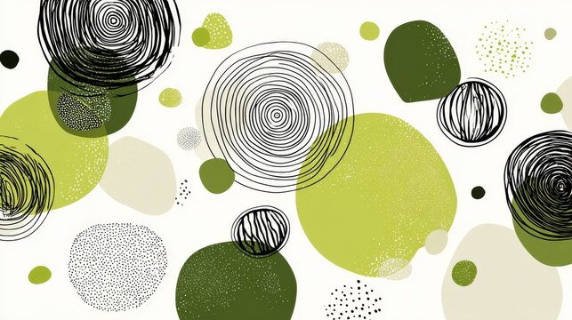 37.Trendy abstract vector circles featuring playful doodle elements, minimal line art, matcha green tones, modern flat illustration style, clean and versatile backgrounds for icon templates