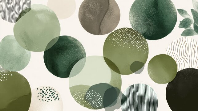 38.Contemporary vector background set of round shapes with abstract doodles, soft gradients and muted greens, minimalist modern aesthetic inspired by matcha tea culture