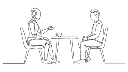 Fototapeta premium Continuous one line drawing of a robot having a conversation with a human