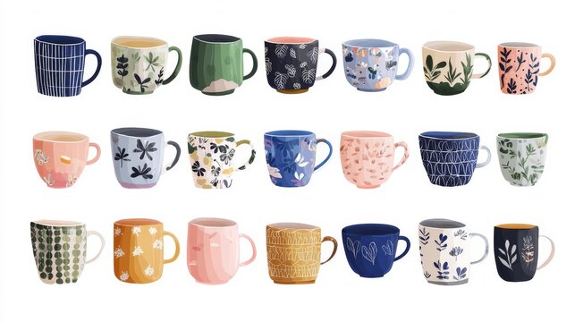 45.Cute ceramic mug set featuring different cup silhouettes, charming prints and patterns, modern flat cartoon vector style, kitchenware illustration isolated on white background