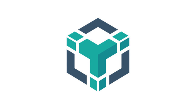 Minimalist isometric cube logo design featuring a teal letter y shape in a modern style