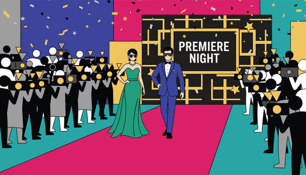 Glamorous celebrity couple walks down the red carpet at a movie premiere night under camera flashes from paparazzi photographers.