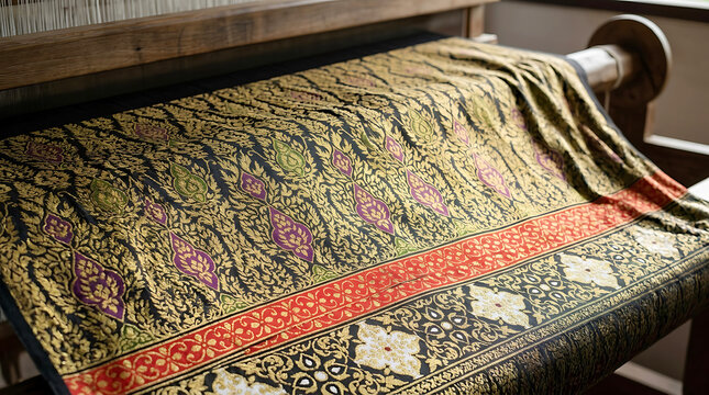 Authentic handmade textile featuring intricate ethnic songket motifs.