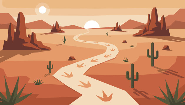 Desert landscape canyon with tall green cacti, canyons, and dinosaur footprint fossils trail under a sunset sun on orange sky.