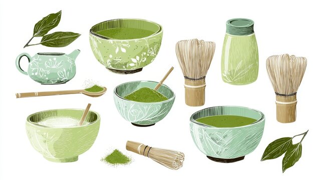 56.Artistic hand drawn matcha set with bowls, whisks, powder, and leaves, soft green palette, simple flat vector design, isolated on white background