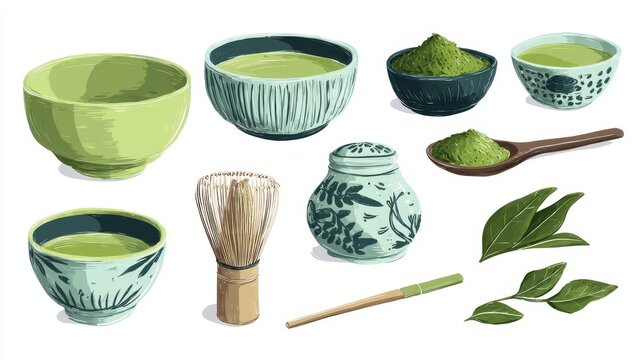 56.Artistic hand drawn matcha set with bowls, whisks, powder, and leaves, soft green palette, simple flat vector design, isolated on white background