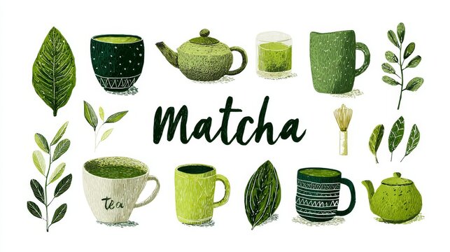 57.Matcha tea element collection with hand drawn outlines, natural textures, green tea lettering, modern flat vector illustration, isolated on white background