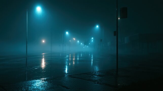 Empty street at night in the fog