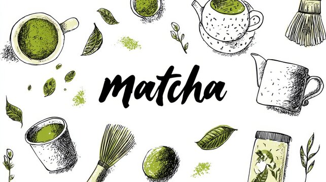 57.Matcha tea element collection with hand drawn outlines, natural textures, green tea lettering, modern flat vector illustration, isolated on white background