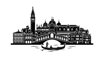 Venice cityscape silhouette with gondola and bridge, black and white vector illustration © Entus