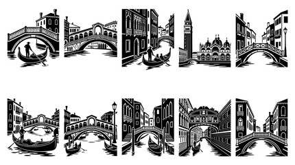 Venice Canal Scenes: Gondolas, Bridges, and Architecture - Black and White Illustrations © Entus