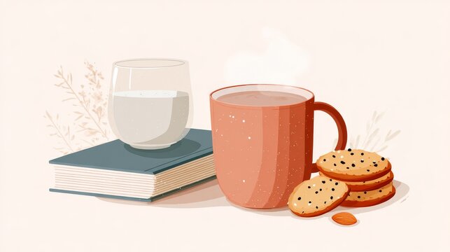 70.Simple almond cookie and milk tea illustration, balanced layout, modern flat vector design, cozy food concept, isolated on white background