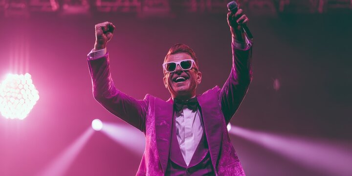 Male singer in a purple velvet suit and sunglasses performing live on stage with arms raised and a microphone in hand