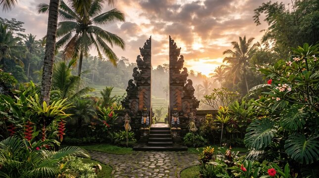 Ancient Temple Gate: A majestic stone temple gate stands framed by lush tropical foliage, bathed in the ethereal light of sunrise.