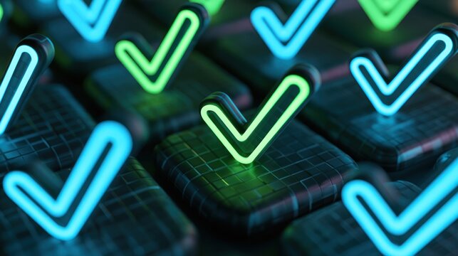 Multiple glowing checkmarks on dark futuristic background