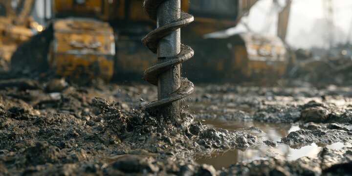 Closeup of a heavyduty industrial auger drill bit penetrating wet, muddy soil at a construction site