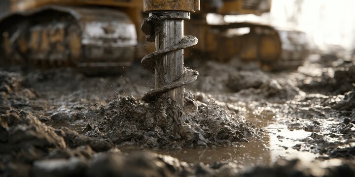 Industrial auger drill bit boring into wet muddy ground at a construction site with heavy machinery in the background