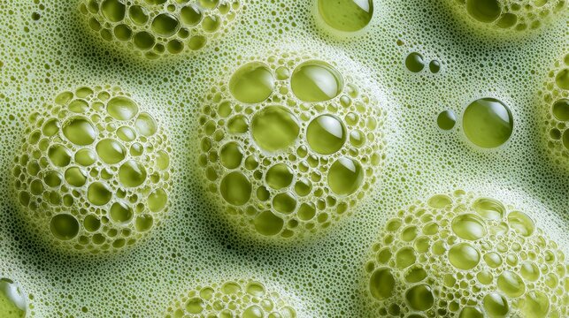 86.Detailed macro photography of matcha foam texture, lively bubble pattern, smooth creamy green surface, minimal abstract food background