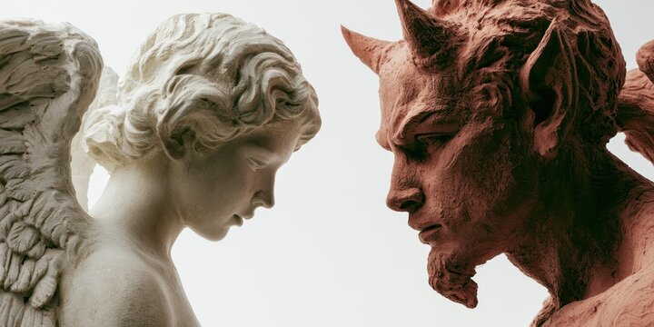 Closeup of a white marble angel statue facing a red clay devil sculpture isolated on white background