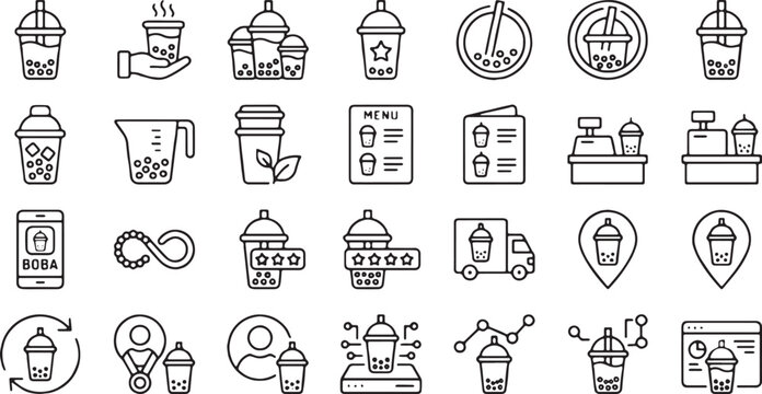 Bubble tea shop, boba cafe business, and ordering app line icons set.