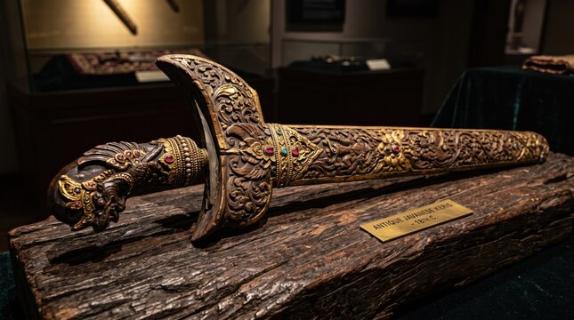 Ornate Kris Dagger Display: An intricately carved, golden kris dagger rests on a rustic wooden base, showcased in a museum exhibit, highlighting historical craftsmanship and cultural significance.