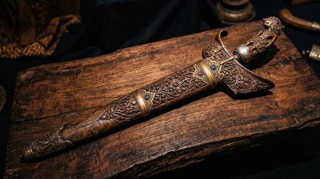 Ornate Kris Dagger: An intricately carved, antique Kris dagger rests on a rustic wooden surface, showcasing its detailed craftsmanship and cultural heritage.