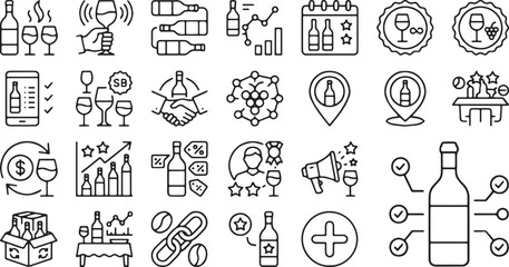 Fototapeta premium Comprehensive Wine Business & Marketing Line Icons Set