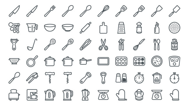 Set of sixty kitchenware and cooking equipment outline icons.