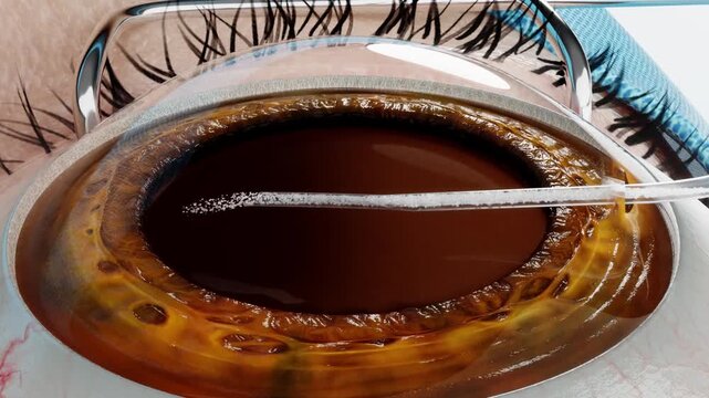 Cataract surgery: full procedure removes cloudy natural lens and replaces it with an artificial intraocular lens (IOL). Restores clear vision and sharpens sight. 3D rendering of ophthalmic operation.